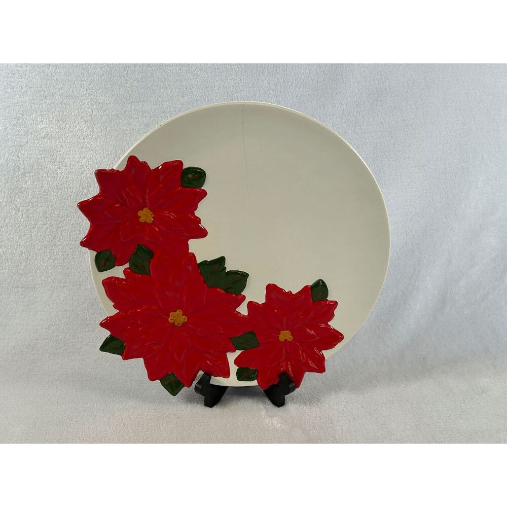Vintage Handmade Poinsettia Christmas Plate Signed Bobby '81 Red/White Read